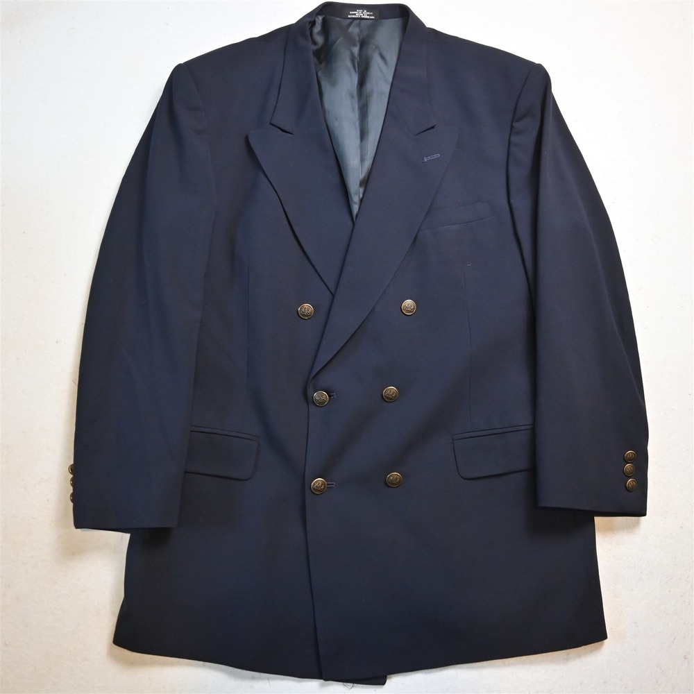 Vtg Mens Double Breasted 42L Navy Blue Stretch Wool Gold Button Sport Coat